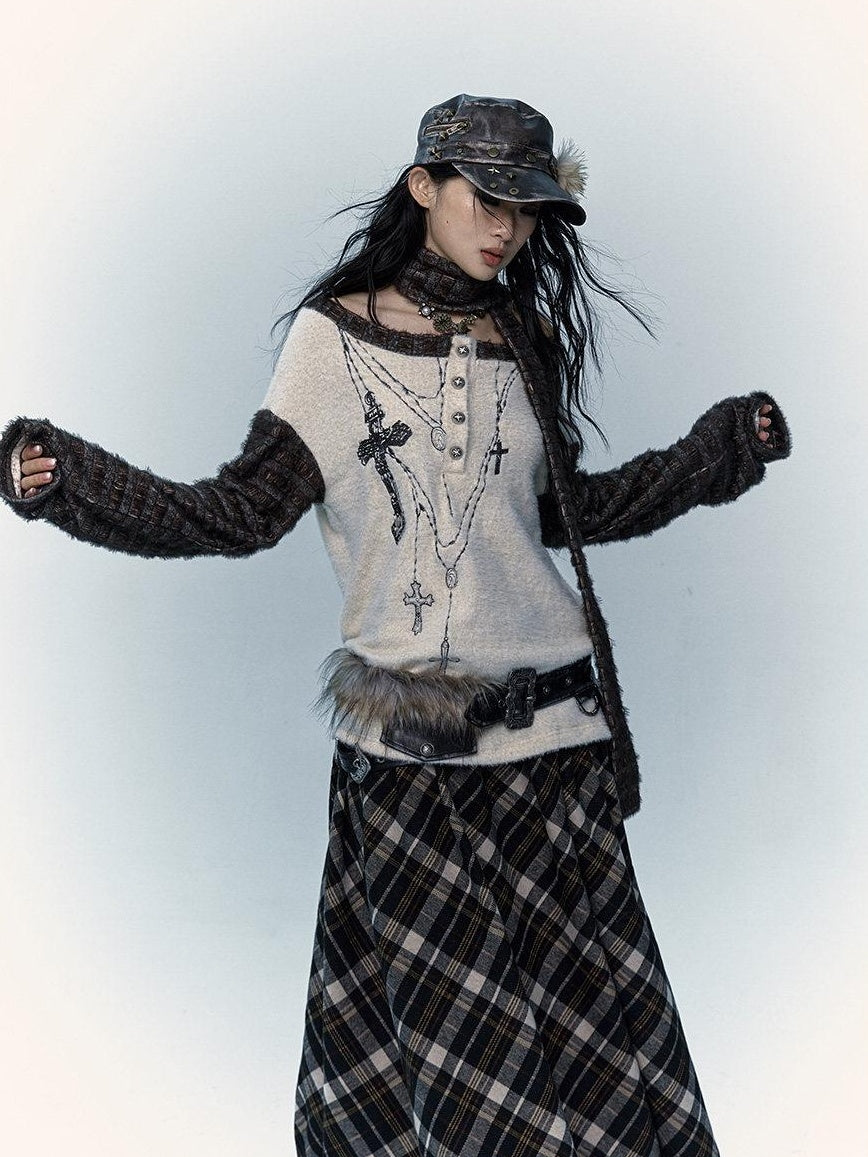 NO ROMANCE Embroidered Cross Punk Loose Fit Women Poly Knit Boatneck Long Sleeve T-Shirts