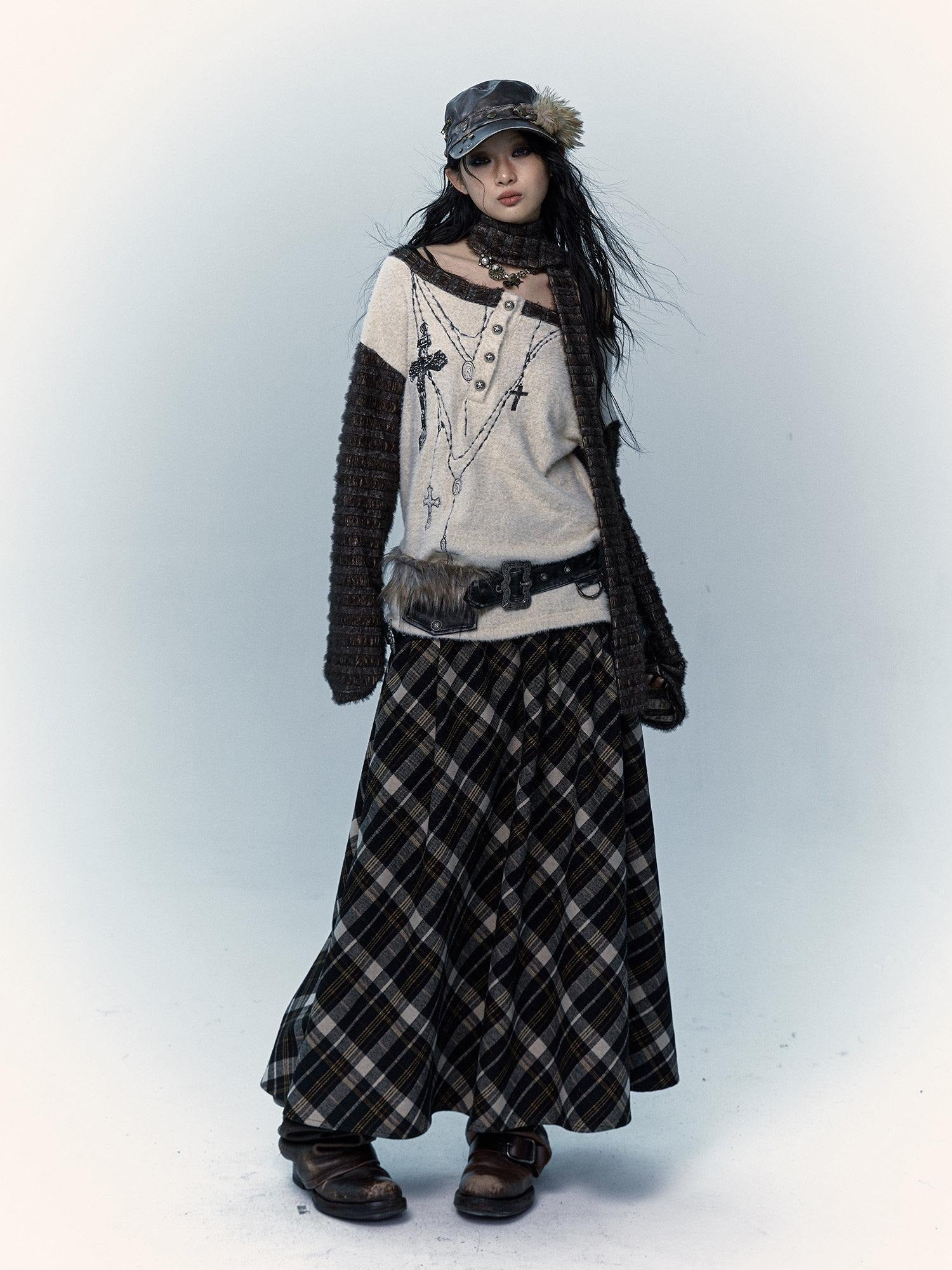 NO ROMANCE Embroidered Cross Punk Loose Fit Women Poly Knit Boatneck Long Sleeve T-Shirts