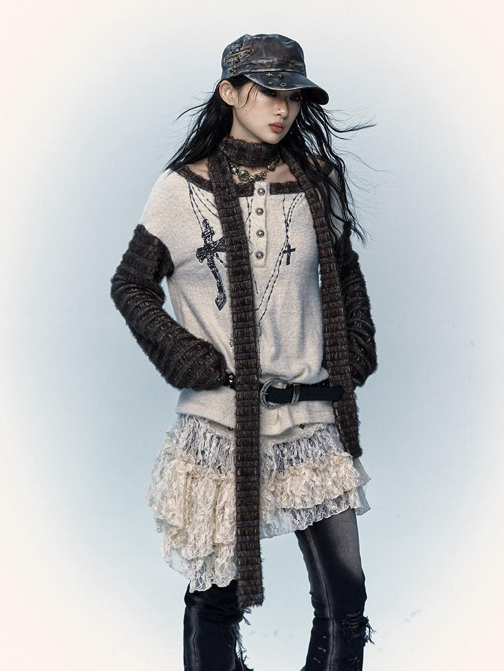 NO ROMANCE Embroidered Cross Punk Loose Fit Women Poly Knit Boatneck Long Sleeve T-Shirts