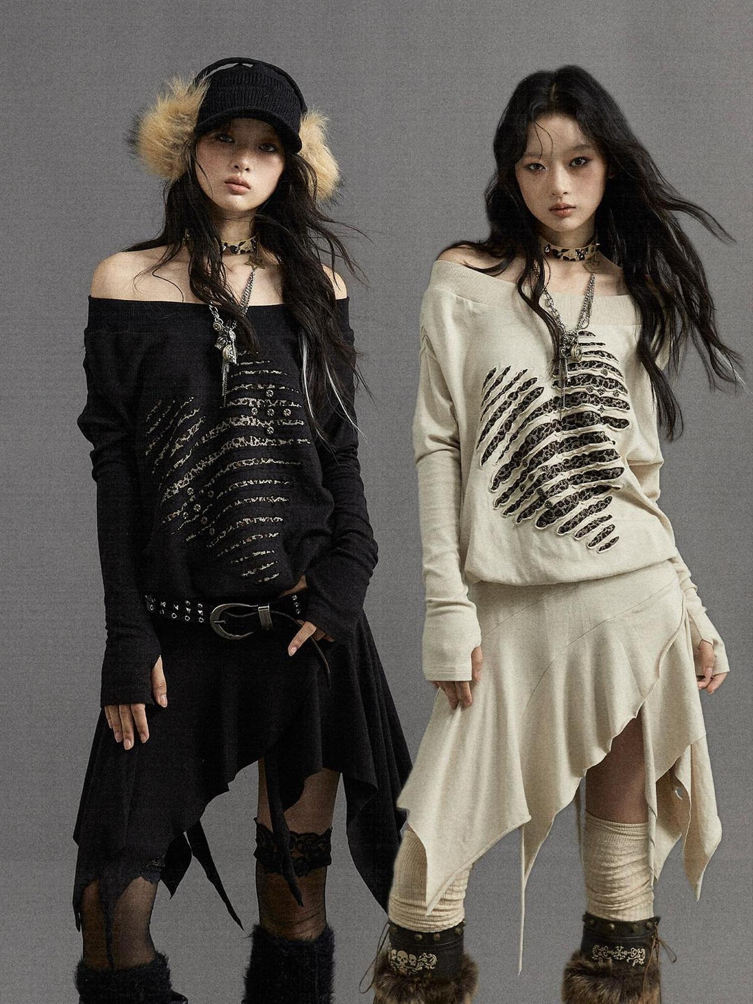 NO ROMANCE Embroidered Punk Off Shoulder Cinched Waist Long Sleeve Casual Midi Dresses