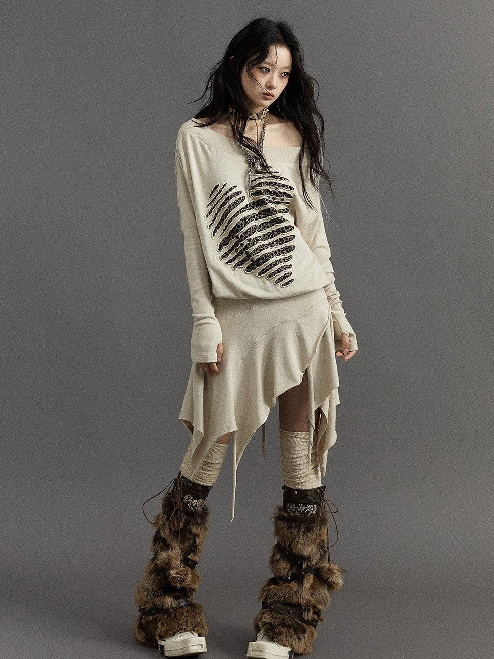 NO ROMANCE Embroidered Punk Off Shoulder Cinched Waist Long Sleeve Casual Midi Dresses