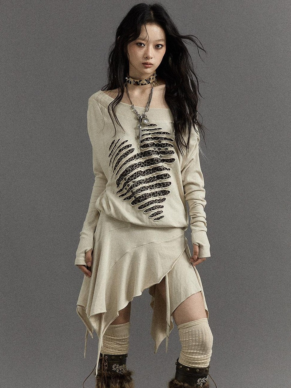 NO ROMANCE Embroidered Punk Off Shoulder Cinched Waist Long Sleeve Casual Midi Dresses