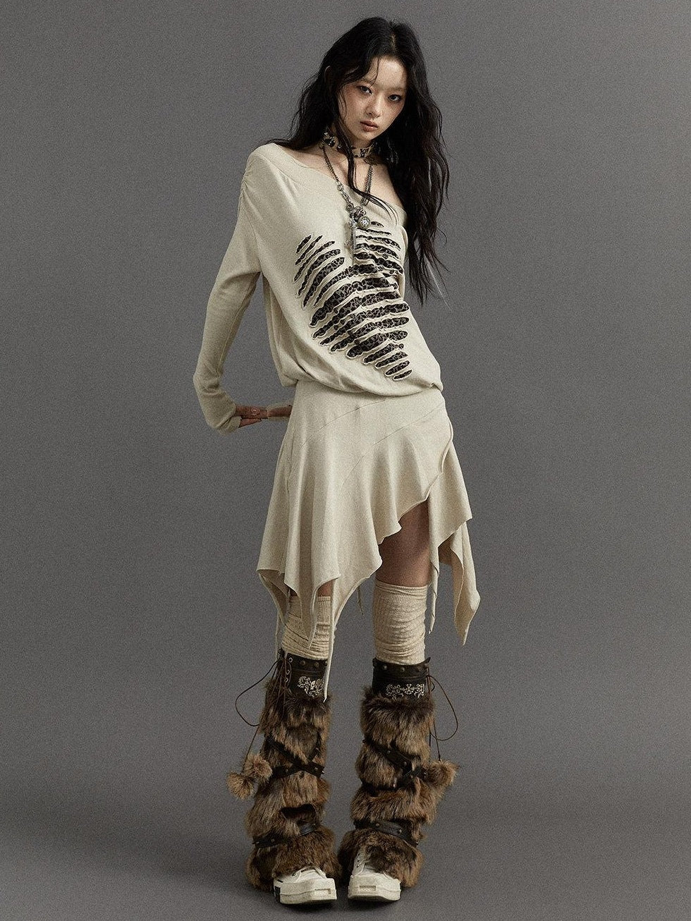 NO ROMANCE Embroidered Punk Off Shoulder Cinched Waist Long Sleeve Casual Midi Dresses