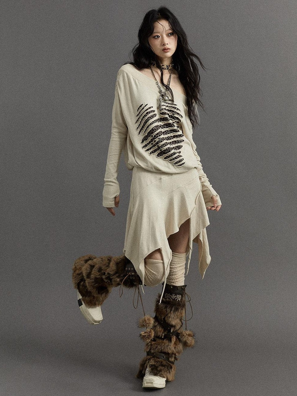NO ROMANCE Embroidered Punk Off Shoulder Cinched Waist Long Sleeve Casual Midi Dresses