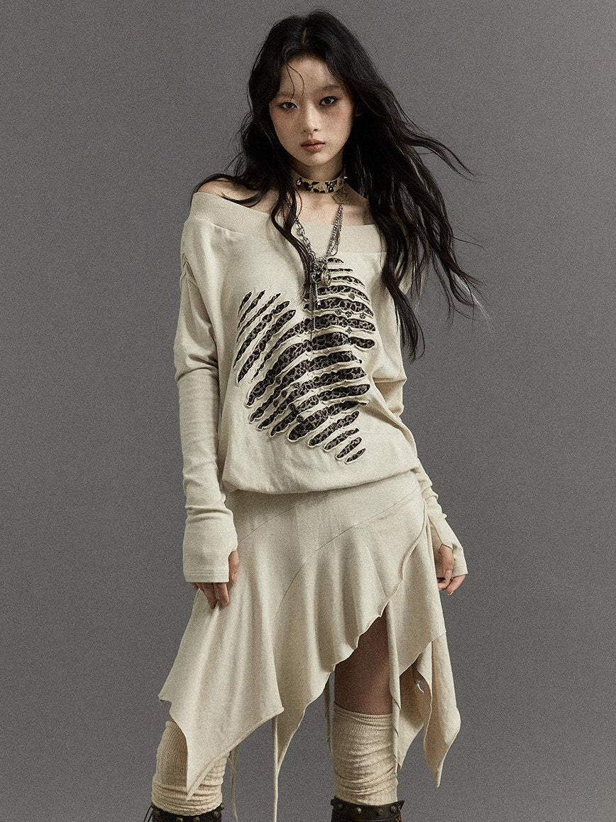 NO ROMANCE Embroidered Punk Off Shoulder Cinched Waist Long Sleeve Casual Midi Dresses
