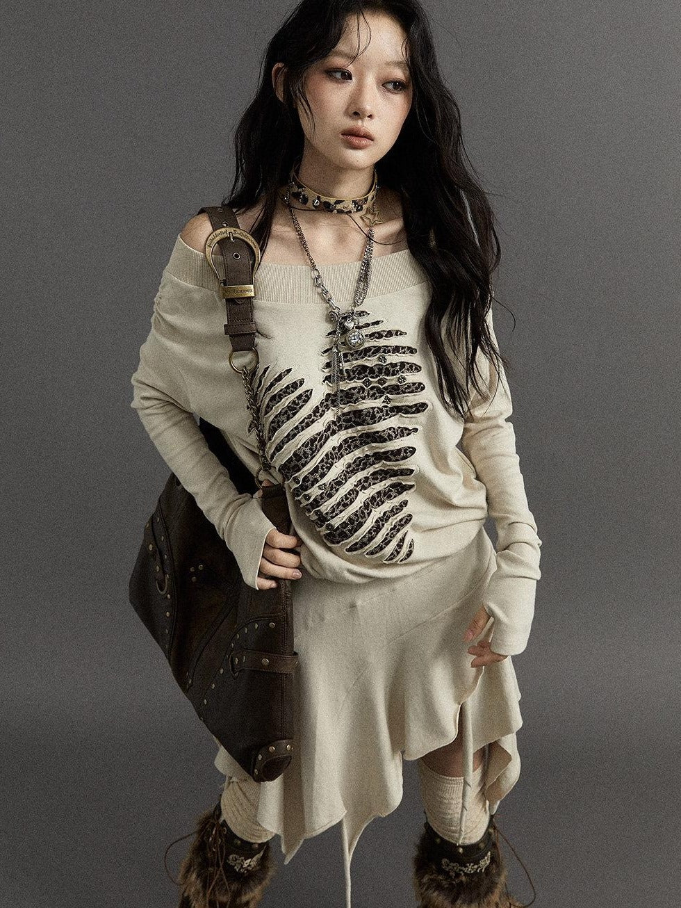 NO ROMANCE Embroidered Punk Off Shoulder Cinched Waist Long Sleeve Casual Midi Dresses