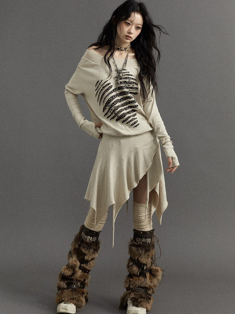 NO ROMANCE Embroidered Punk Off Shoulder Cinched Waist Long Sleeve Casual Midi Dresses