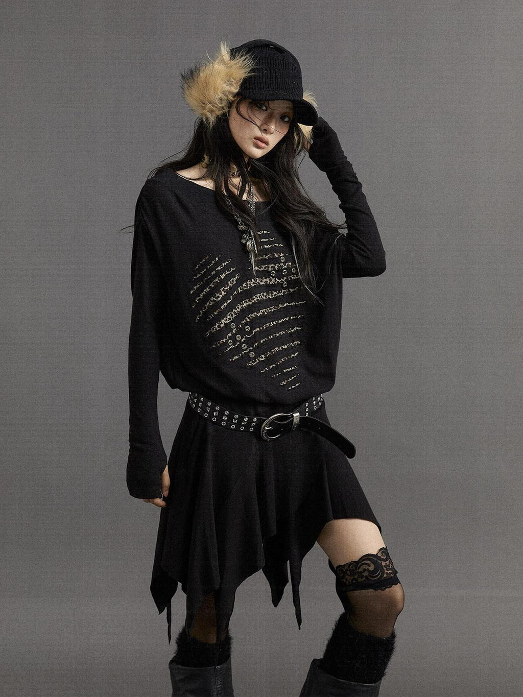 NO ROMANCE Embroidered Punk Off Shoulder Cinched Waist Long Sleeve Casual Midi Dresses