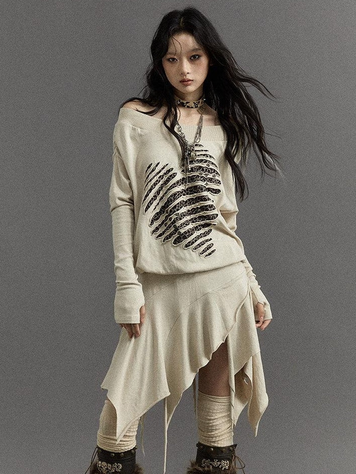 NO ROMANCE Embroidered Punk Off Shoulder Cinched Waist Long Sleeve Casual Midi Dresses