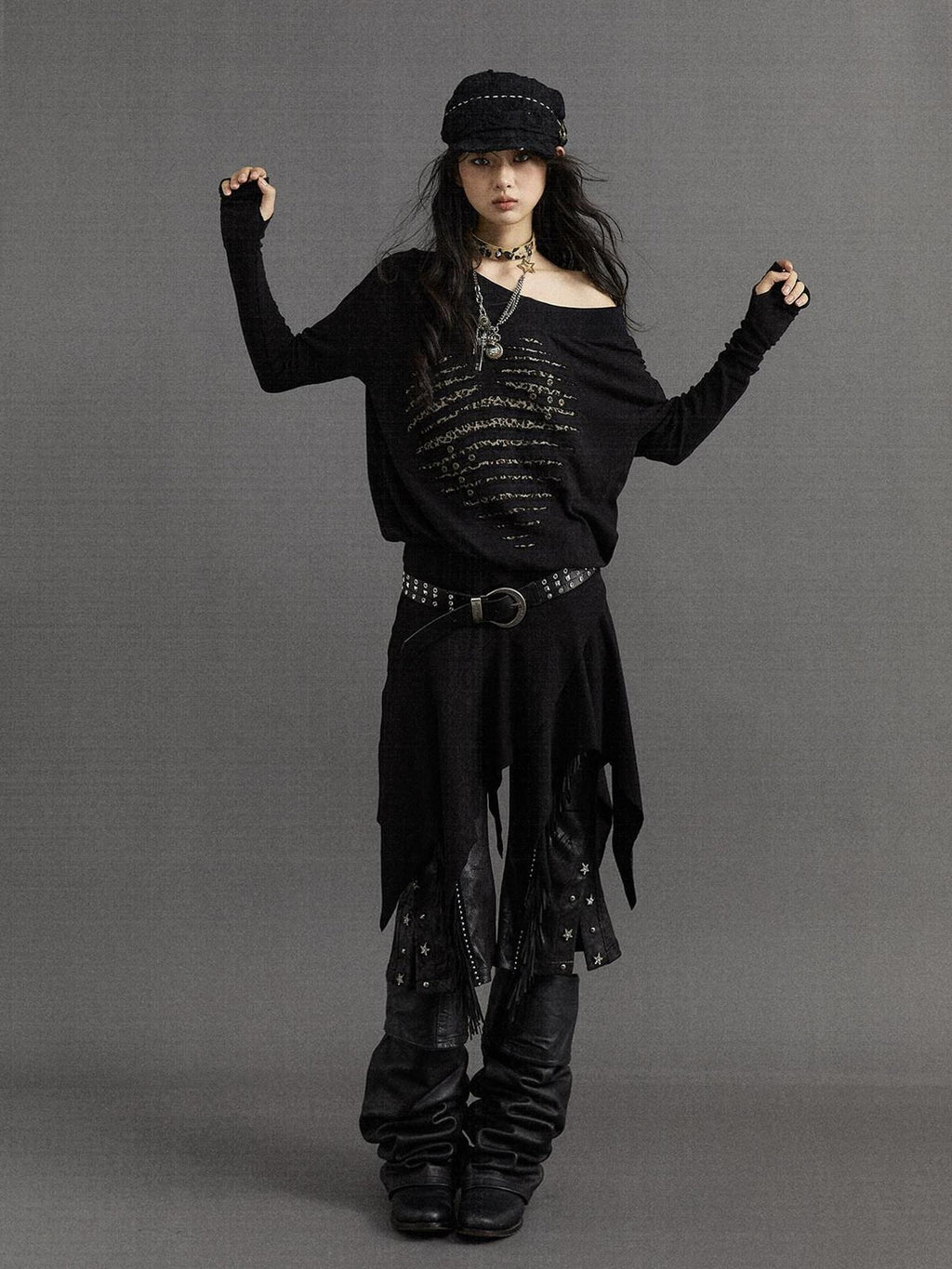 NO ROMANCE Embroidered Punk Off Shoulder Cinched Waist Long Sleeve Casual Midi Dresses