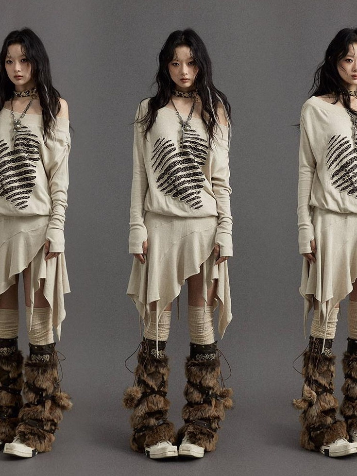 NO ROMANCE Embroidered Punk Off Shoulder Cinched Waist Long Sleeve Casual Midi Dresses