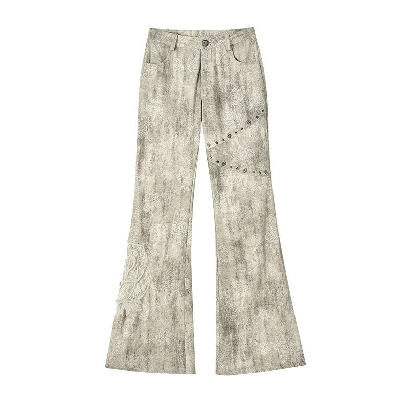 NO_ROMANCE_Embroidered_Rose_Low_Waist_Washed_Micro_Flare_Women_Dirty_White_Flare_Pants_MISSTT