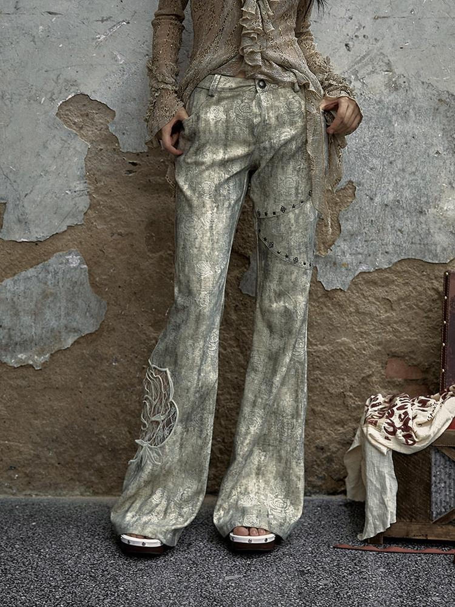 NO ROMANCE Embroidered Rose Low Waist Washed Micro Flare Women Dirty White Flare Pants
