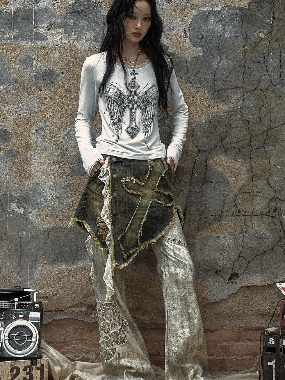 NO ROMANCE Embroidered Rose Low Waist Washed Micro Flare Women Dirty White Flare Pants