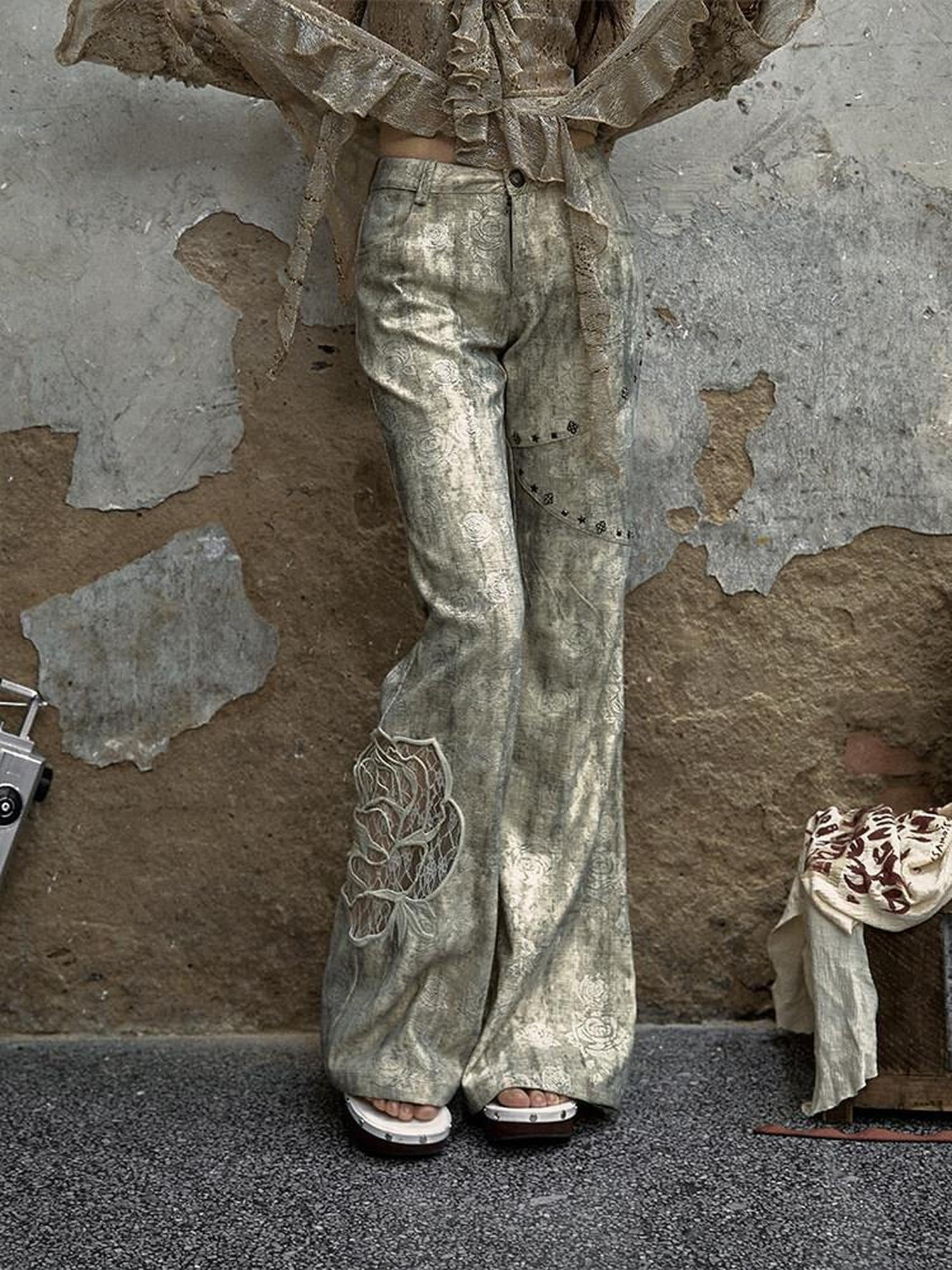 NO ROMANCE Embroidered Rose Low Waist Washed Micro Flare Women Dirty White Flare Pants
