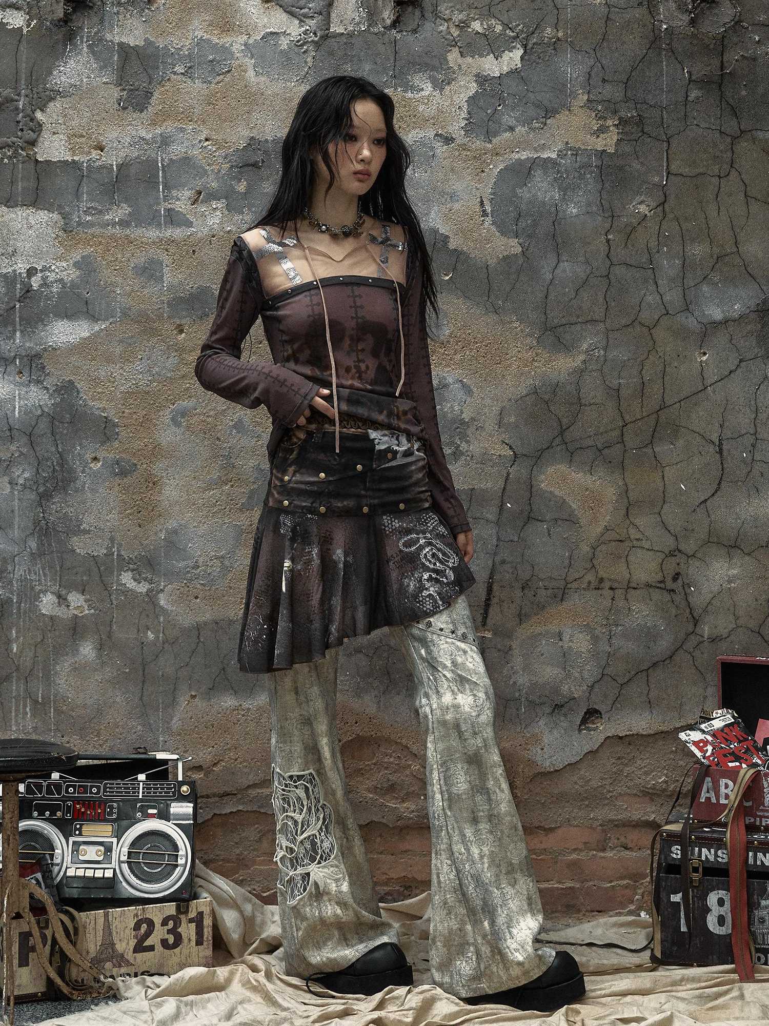 NO ROMANCE Embroidered Rose Low Waist Washed Micro Flare Women Dirty White Flare Pants