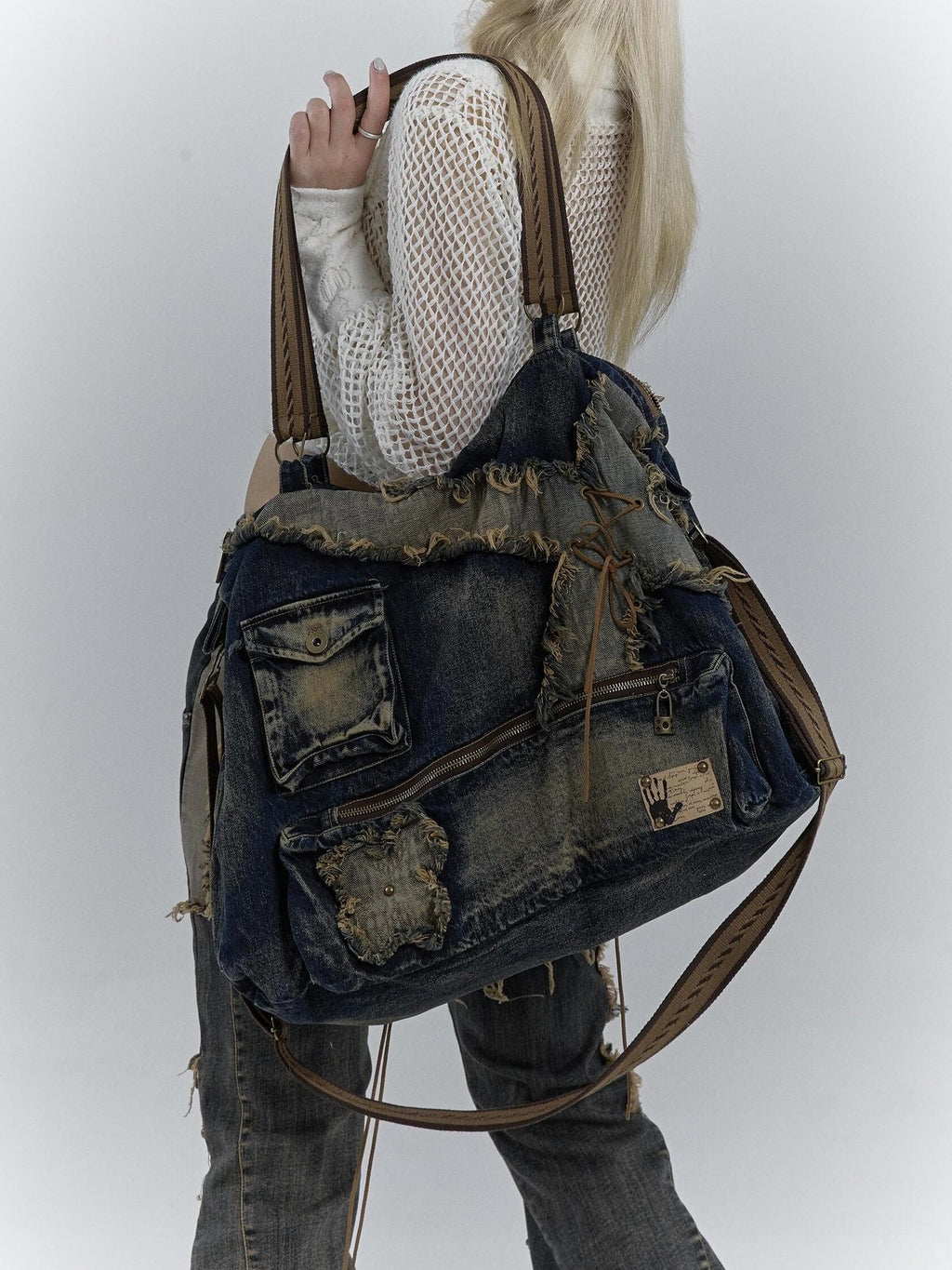 NO ROMANCE Foldable Large Denim Messenger Vintage Artsy Double Strap Zipper Cross Body Bags