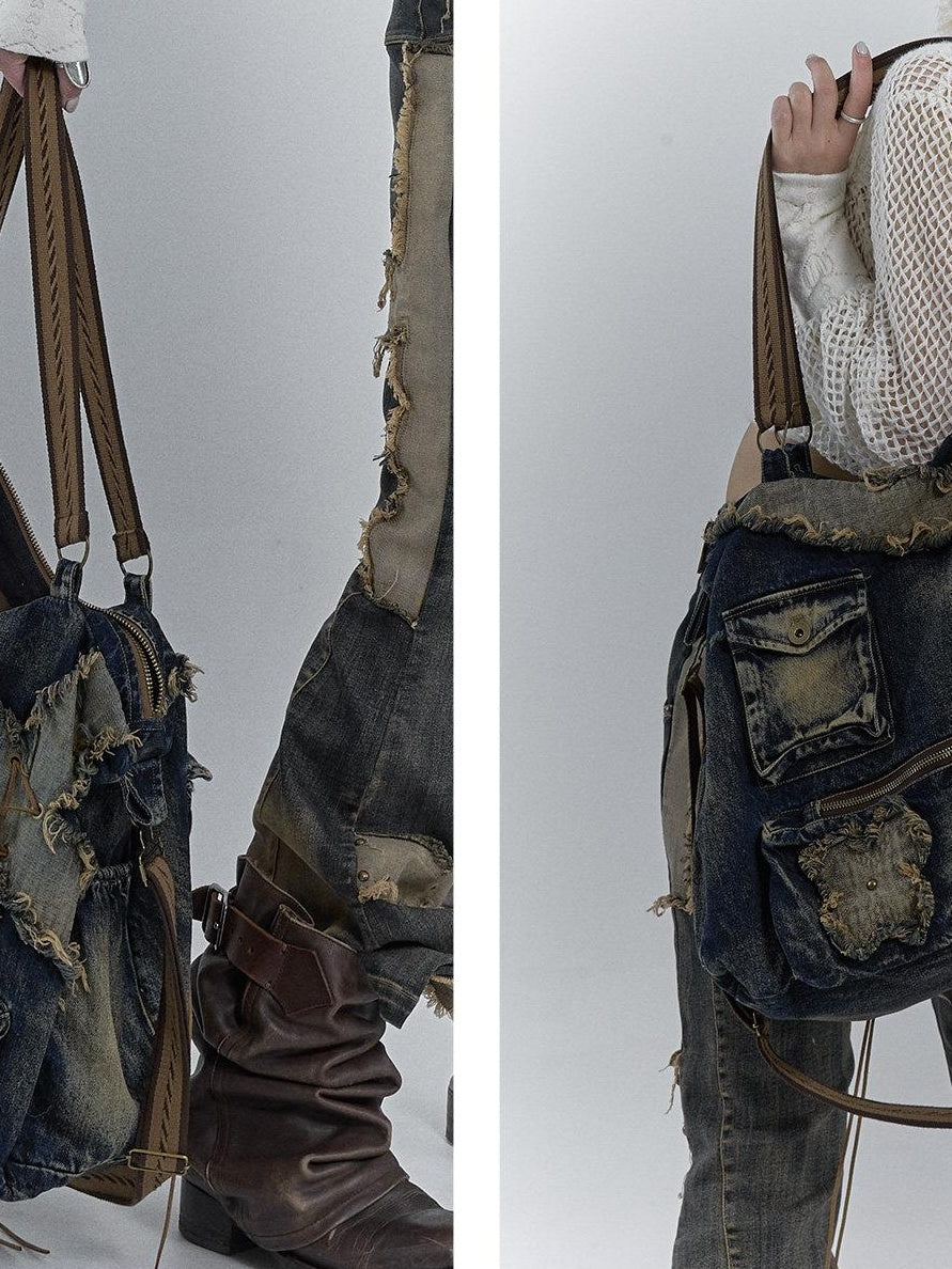 NO ROMANCE Foldable Large Denim Messenger Vintage Artsy Double Strap Zipper Cross Body Bags