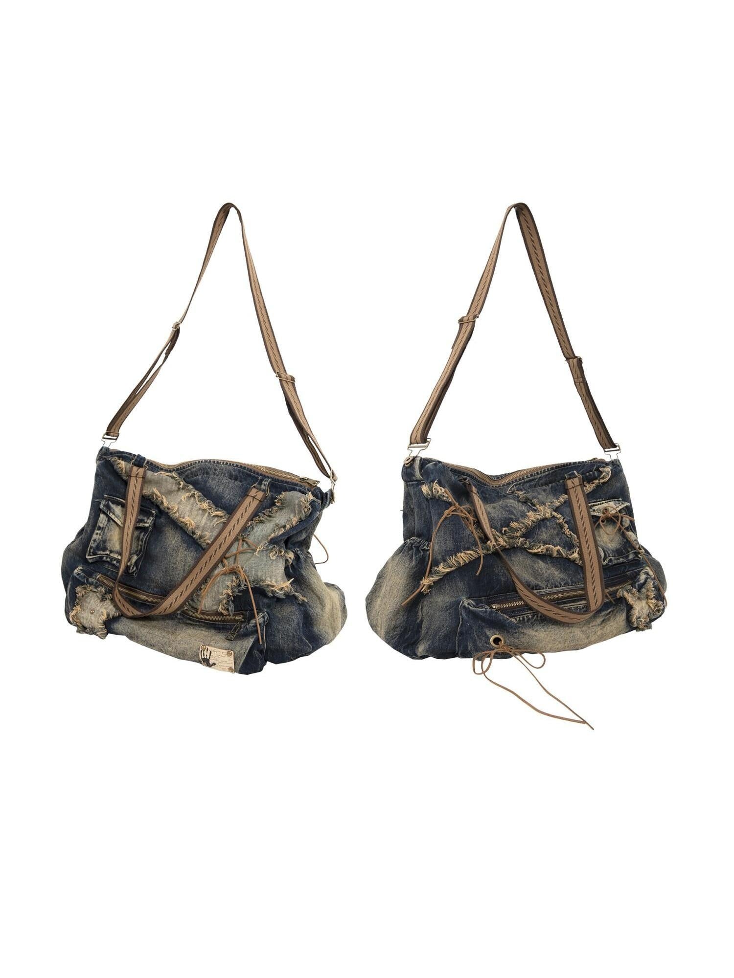 NO ROMANCE Foldable Large Denim Messenger Vintage Artsy Double Strap Zipper Cross Body Bags