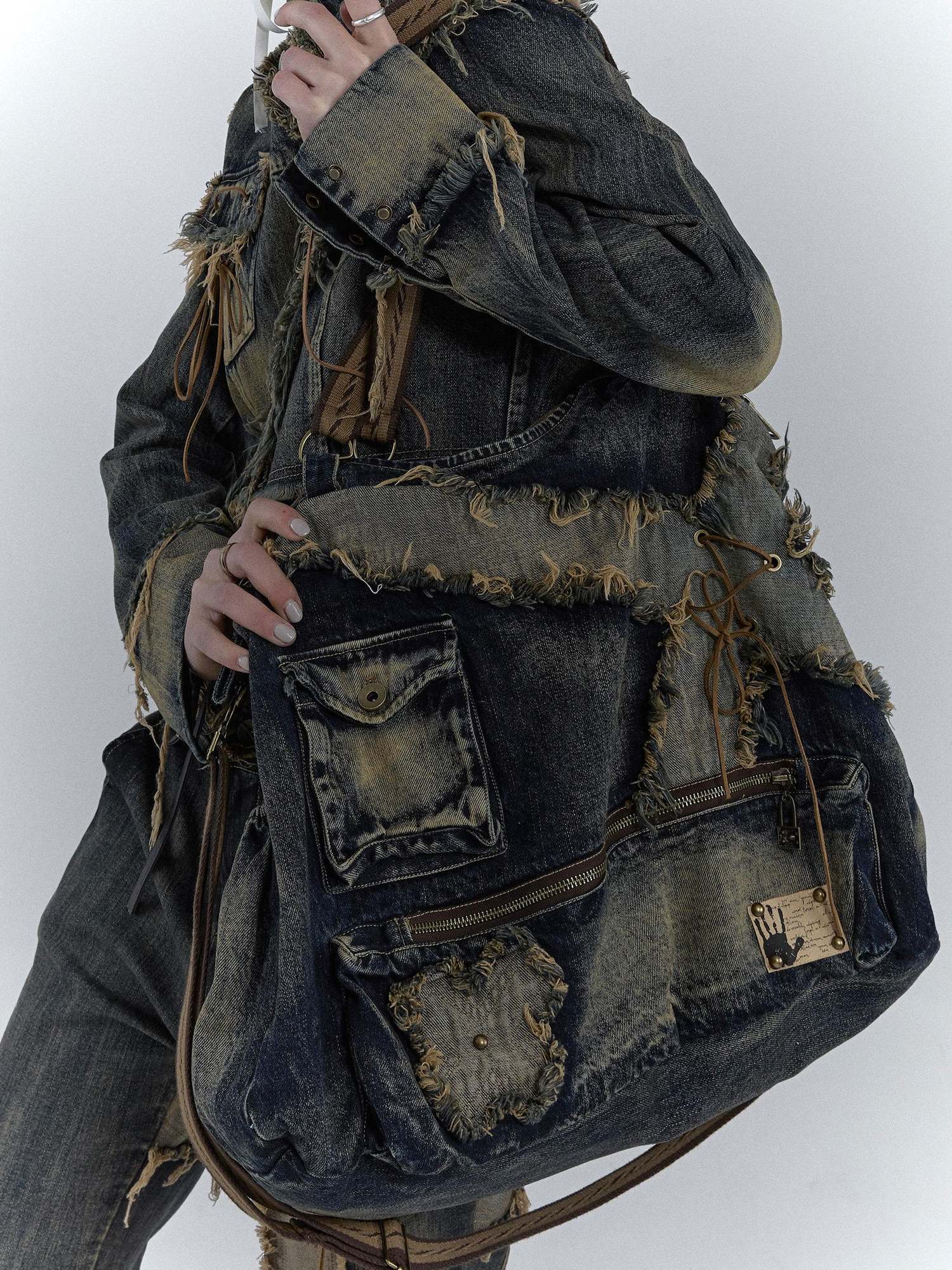 NO ROMANCE Foldable Large Denim Messenger Vintage Artsy Double Strap Zipper Cross Body Bags