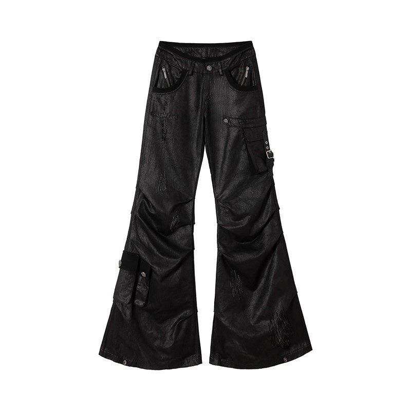 NO_ROMANCE_Hand_Distressed_Pocket_Cargo_Punk_Low_Waist_Pleated_Metallic_Black_Flare_Pants_MISSTT