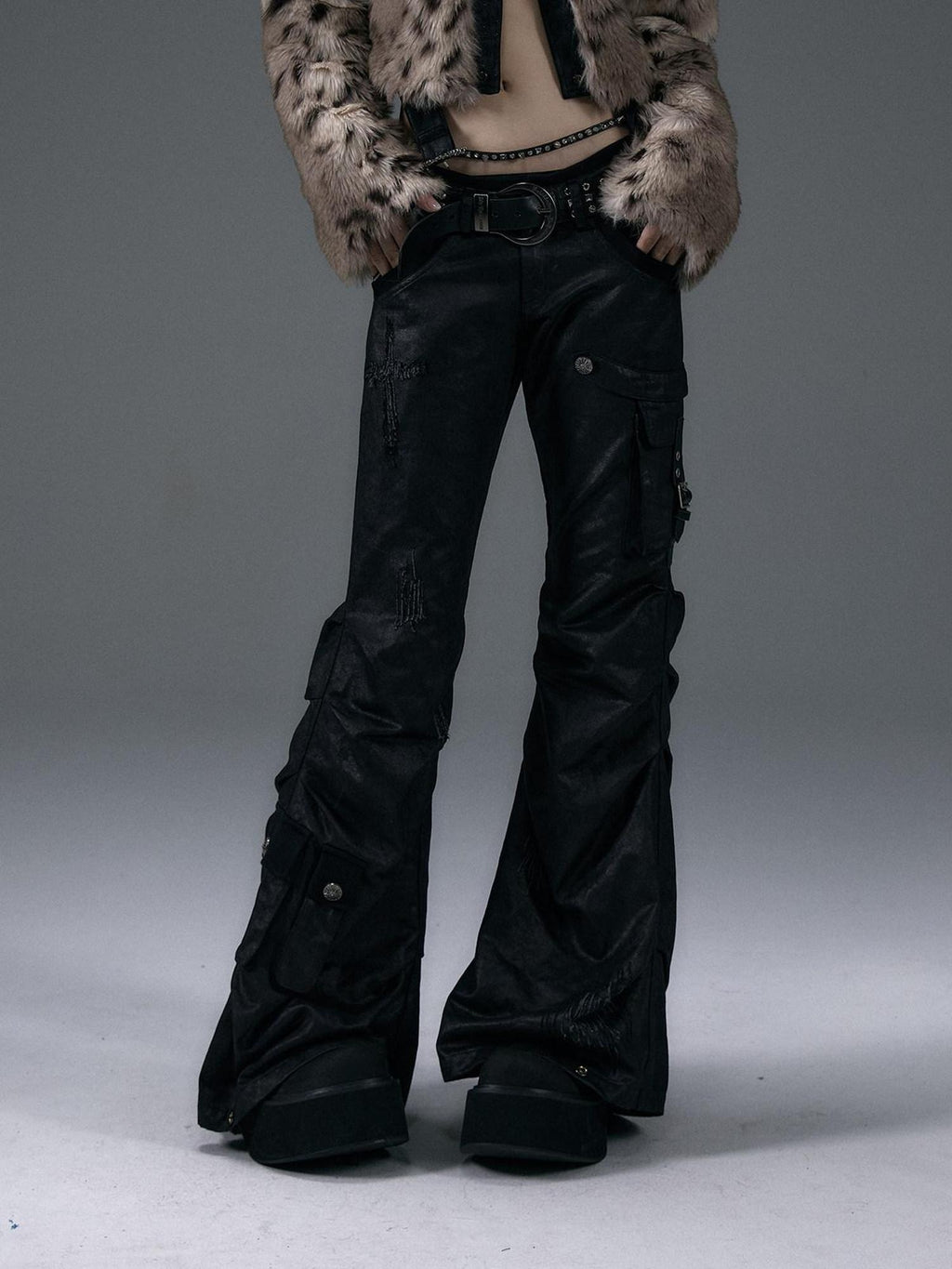 NO ROMANCE Hand Distressed Pocket Cargo Punk Low Waist Pleated Metallic Black Flare Pants