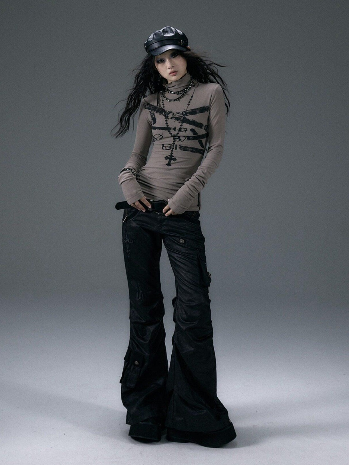 NO ROMANCE Hand Distressed Pocket Cargo Punk Low Waist Pleated Metallic Black Flare Pants
