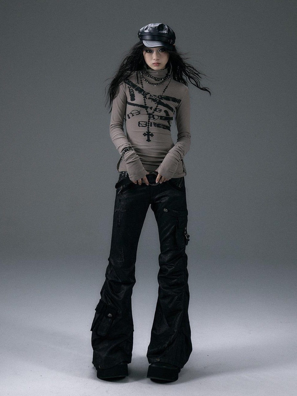 NO ROMANCE Hand Distressed Pocket Cargo Punk Low Waist Pleated Metallic Black Flare Pants