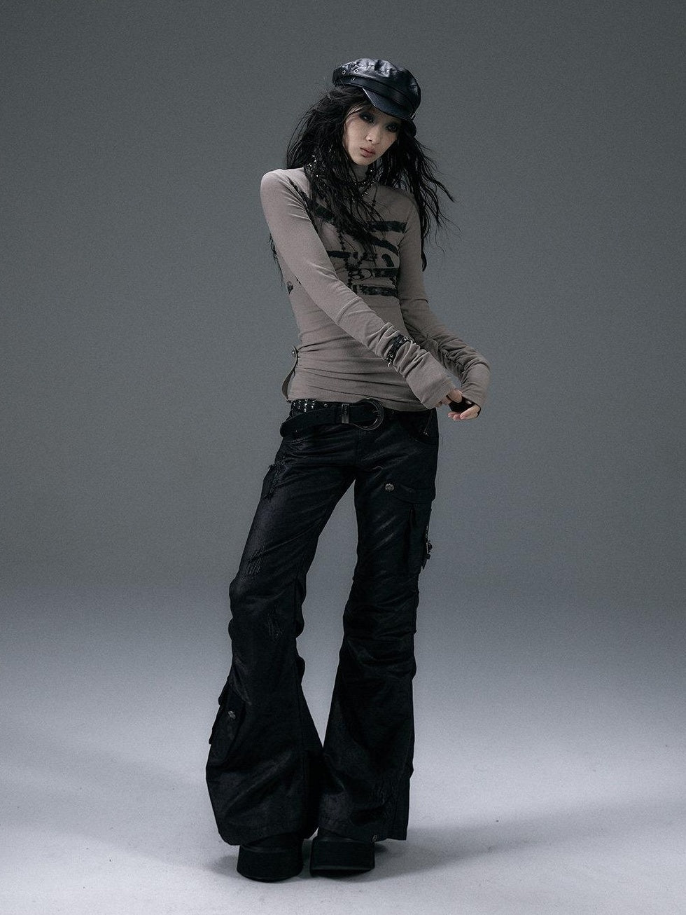 NO ROMANCE Hand Distressed Pocket Cargo Punk Low Waist Pleated Metallic Black Flare Pants
