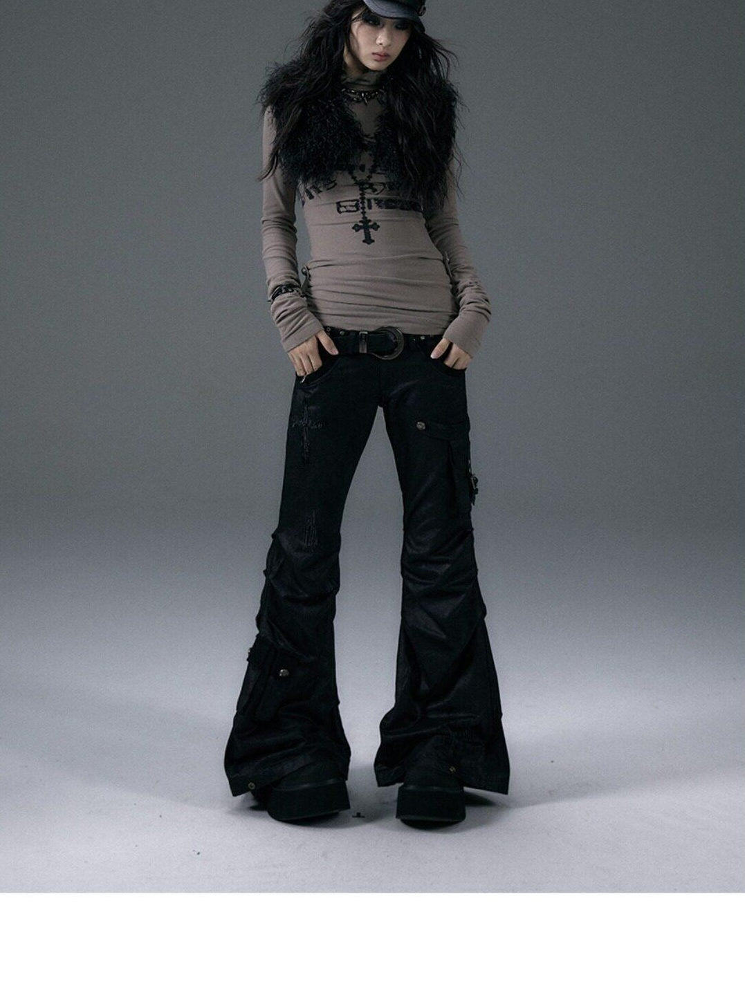NO ROMANCE Hand Distressed Pocket Cargo Punk Low Waist Pleated Metallic Black Flare Pants