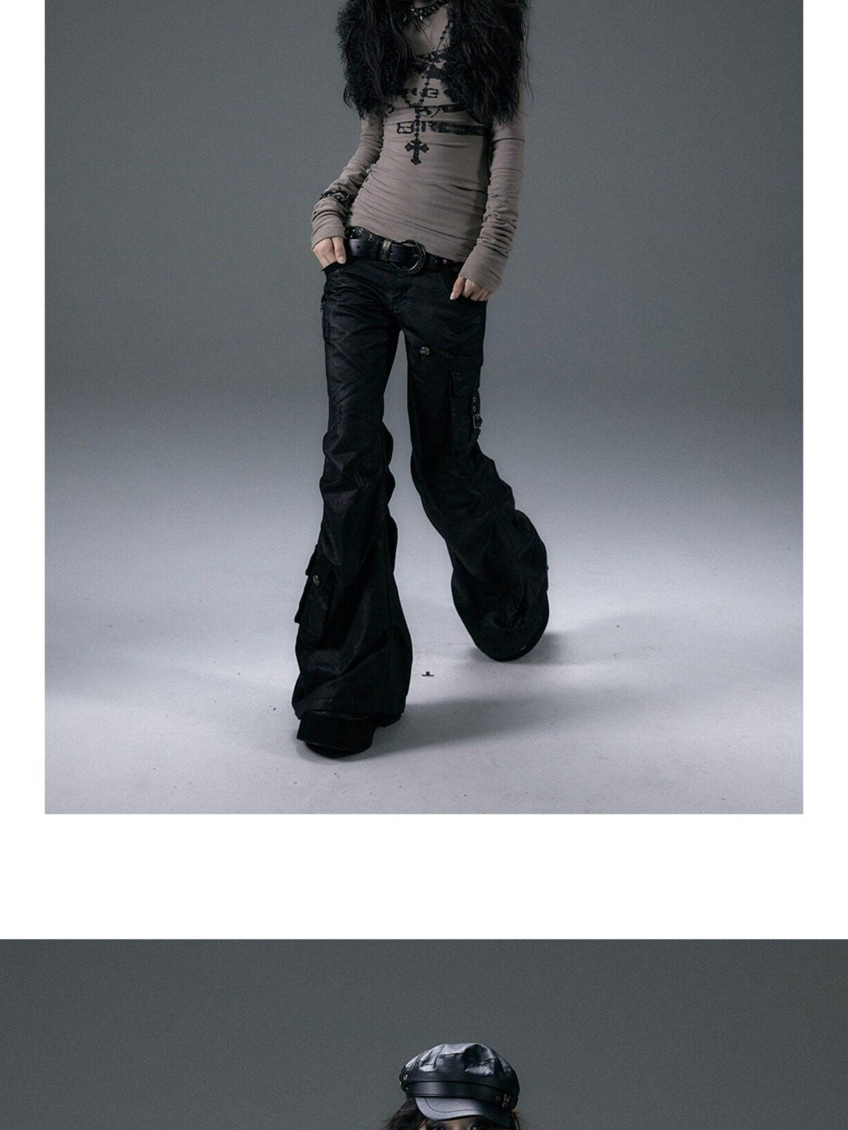 NO ROMANCE Hand Distressed Pocket Cargo Punk Low Waist Pleated Metallic Black Flare Pants