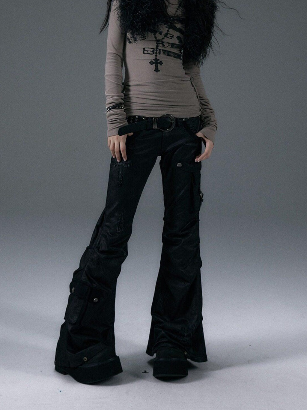 NO ROMANCE Hand Distressed Pocket Cargo Punk Low Waist Pleated Metallic Black Flare Pants
