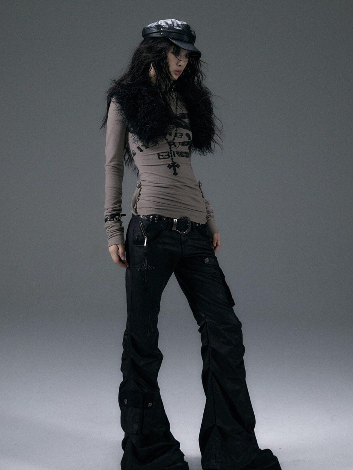 NO ROMANCE Hand Distressed Pocket Cargo Punk Low Waist Pleated Metallic Black Flare Pants