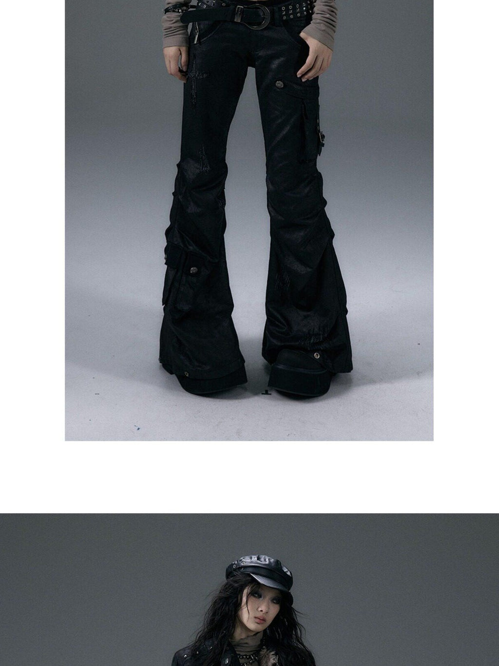 NO ROMANCE Hand Distressed Pocket Cargo Punk Low Waist Pleated Metallic Black Flare Pants