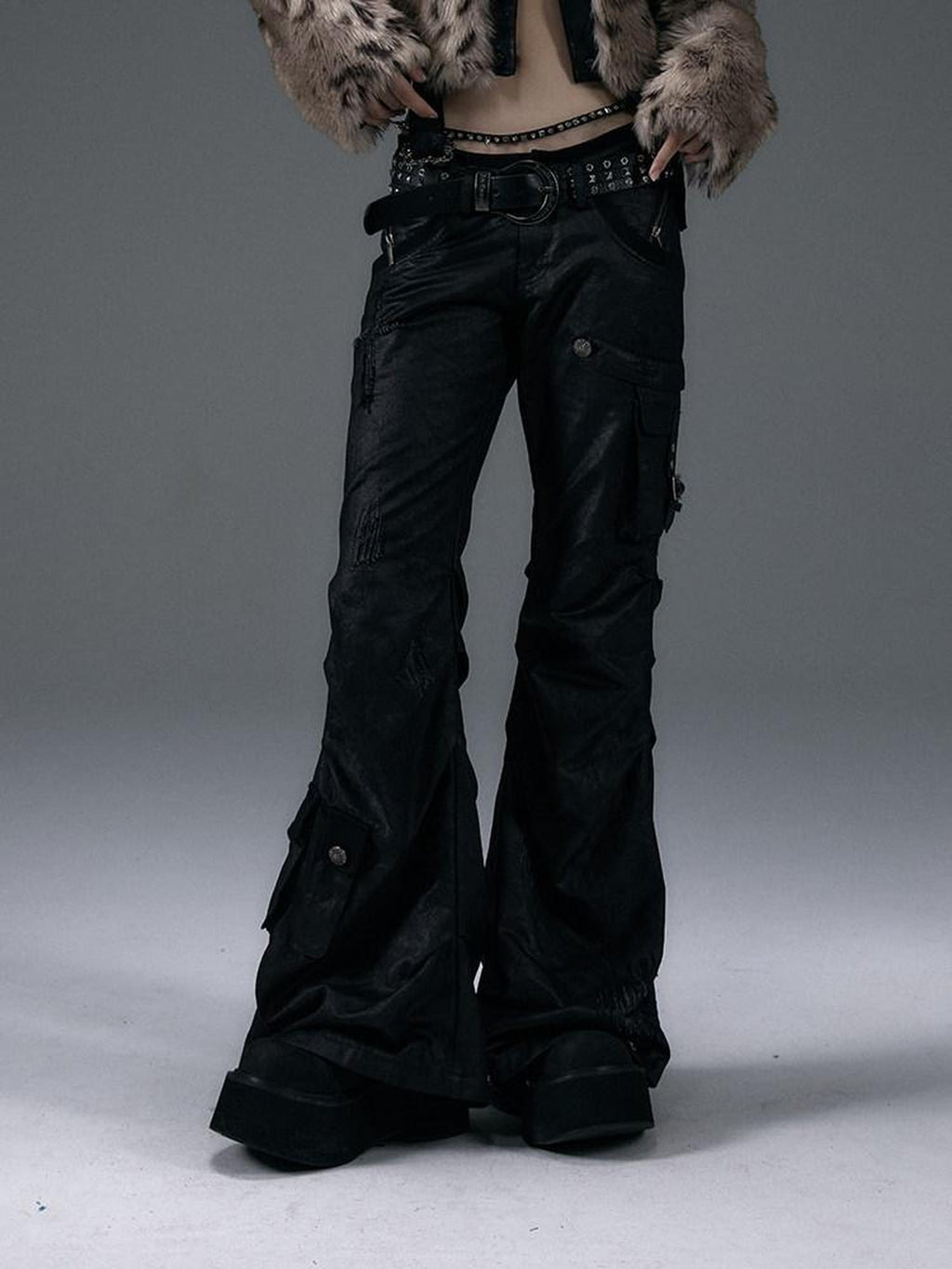 NO ROMANCE Hand Distressed Pocket Cargo Punk Low Waist Pleated Metallic Black Flare Pants