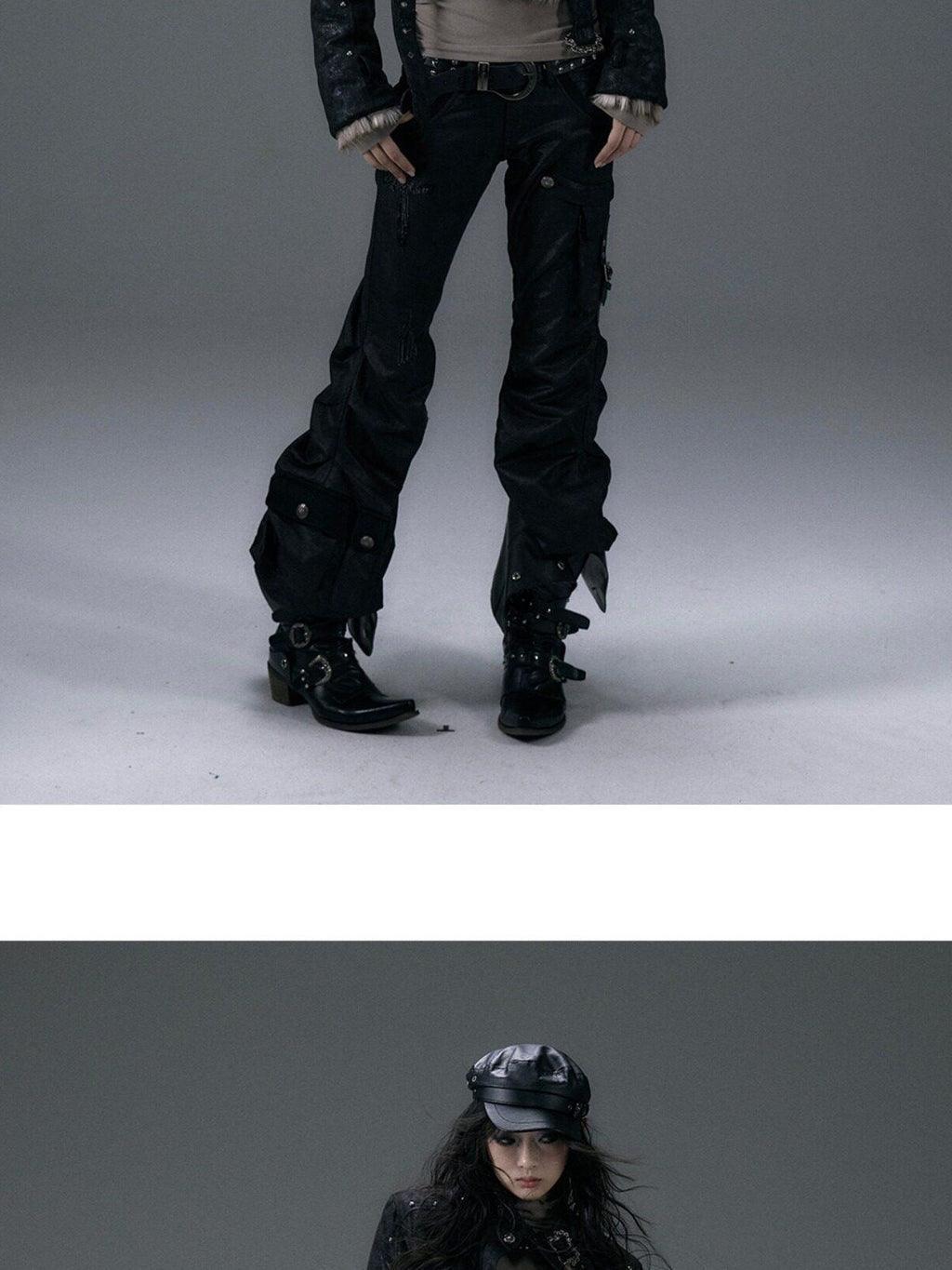 NO ROMANCE Hand Distressed Pocket Cargo Punk Low Waist Pleated Metallic Black Flare Pants