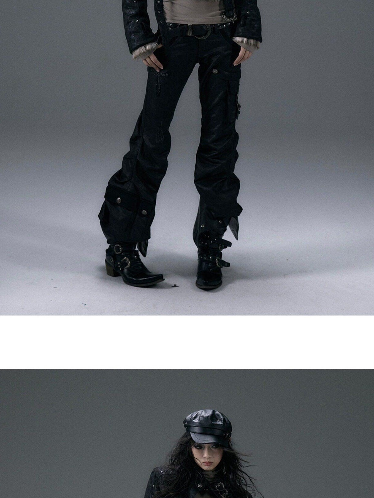 NO ROMANCE Hand Distressed Pocket Cargo Punk Low Waist Pleated Metallic Black Flare Pants