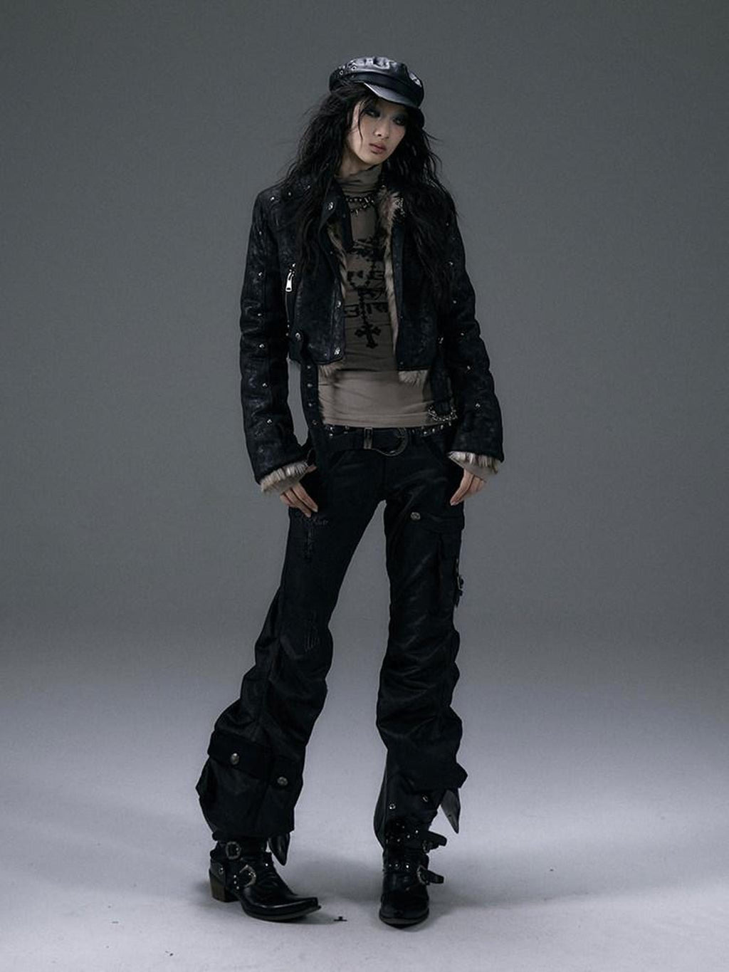 NO ROMANCE Hand Distressed Pocket Cargo Punk Low Waist Pleated Metallic Black Flare Pants