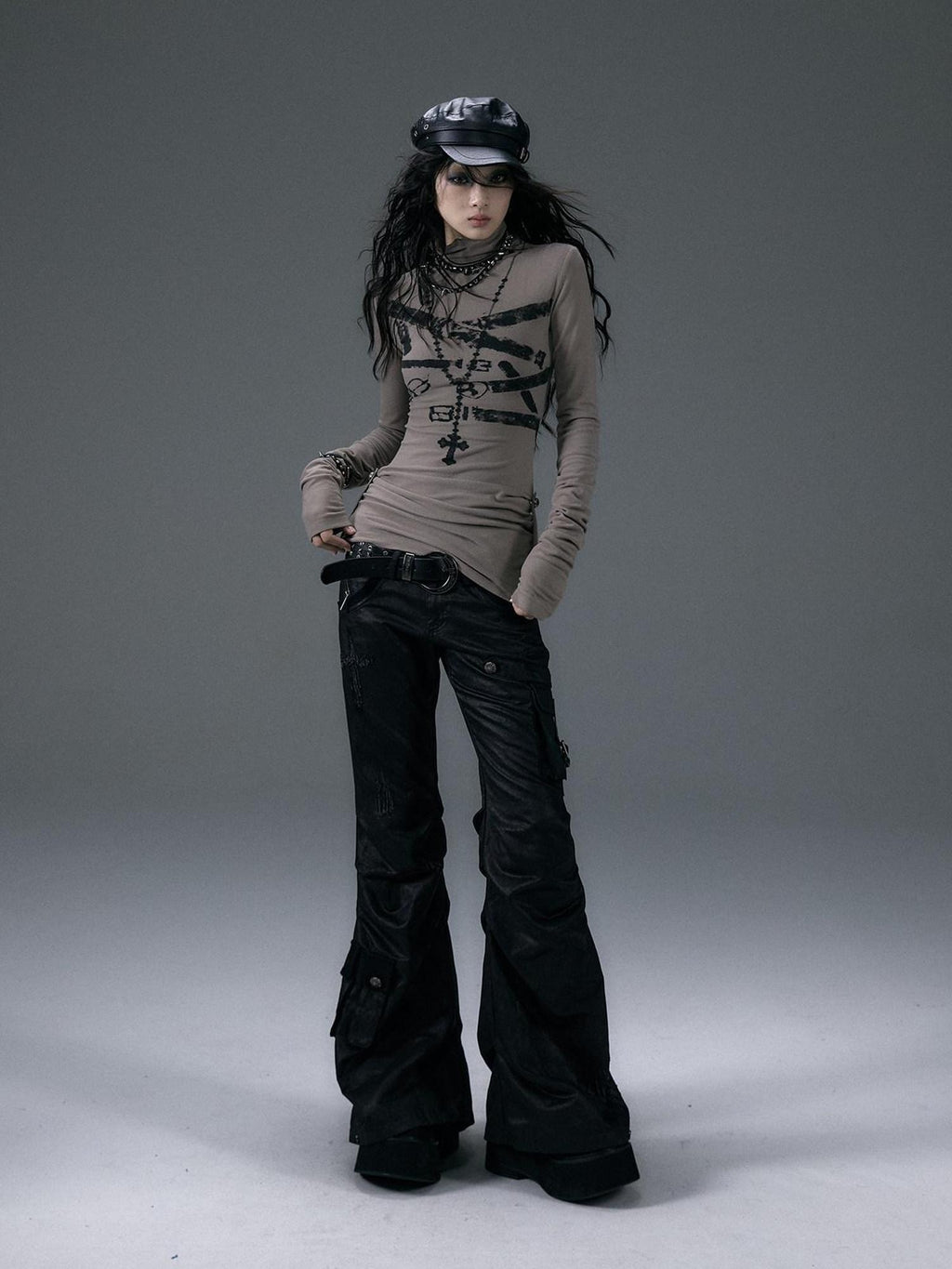 NO ROMANCE Hand Distressed Pocket Cargo Punk Low Waist Pleated Metallic Black Flare Pants