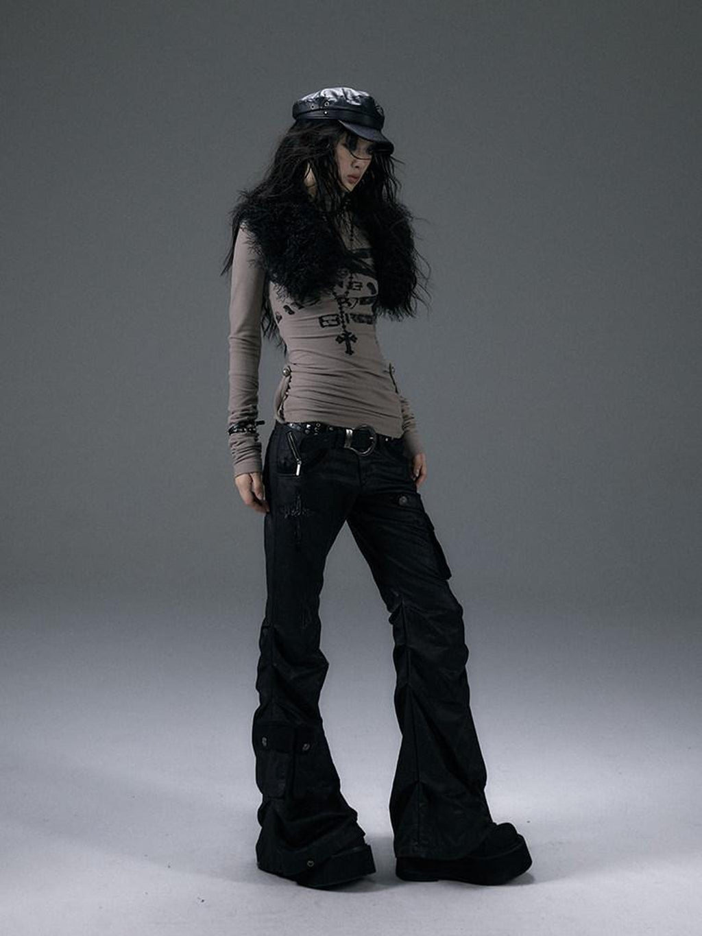 NO ROMANCE Hand Distressed Pocket Cargo Punk Low Waist Pleated Metallic Black Flare Pants