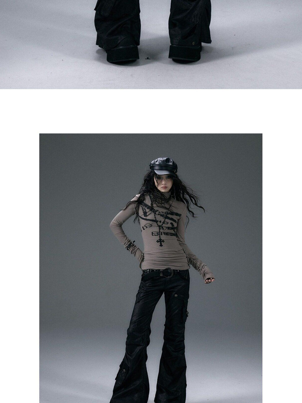 NO ROMANCE Hand Distressed Pocket Cargo Punk Low Waist Pleated Metallic Black Flare Pants