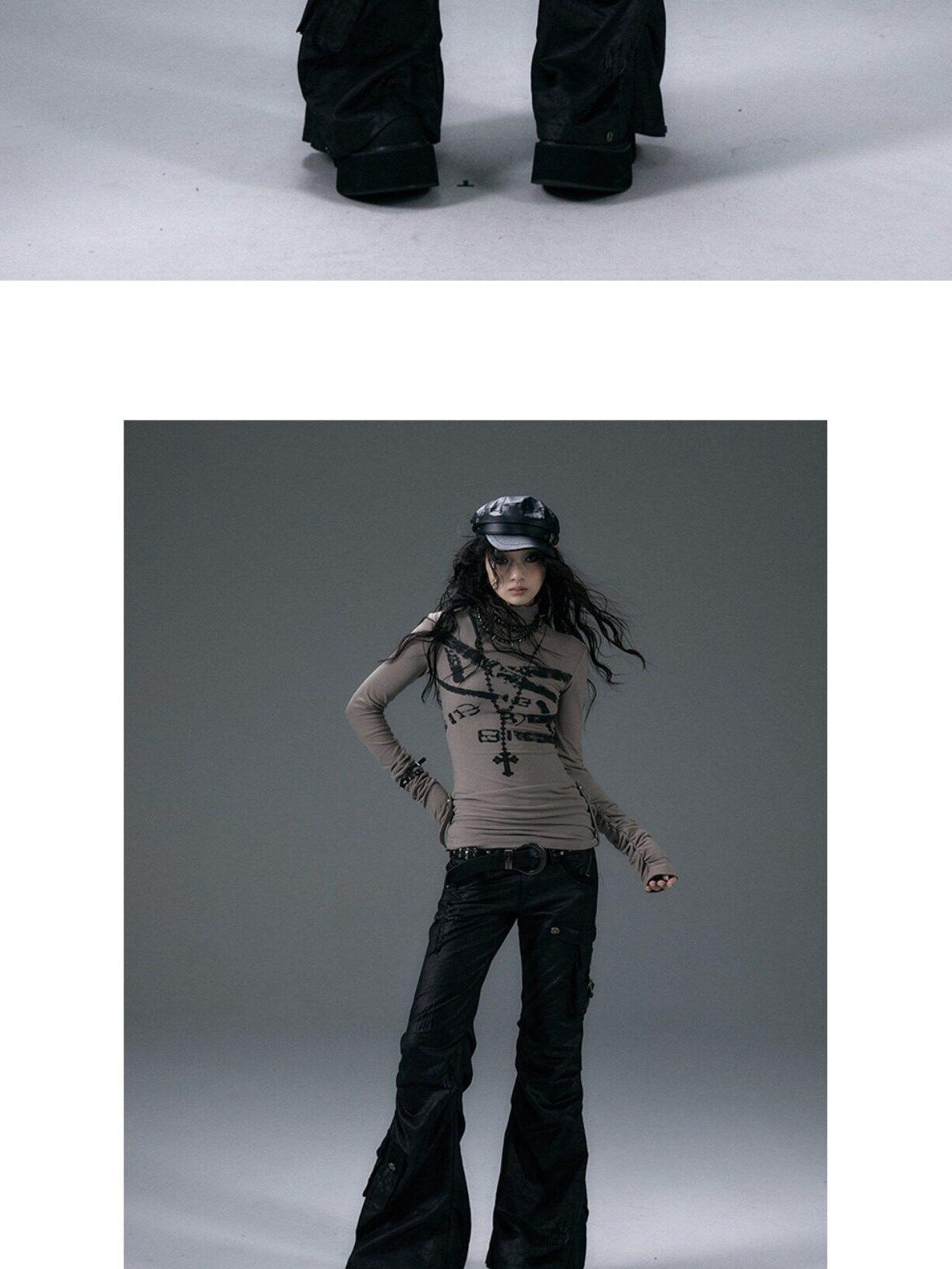 NO ROMANCE Hand Distressed Pocket Cargo Punk Low Waist Pleated Metallic Black Flare Pants