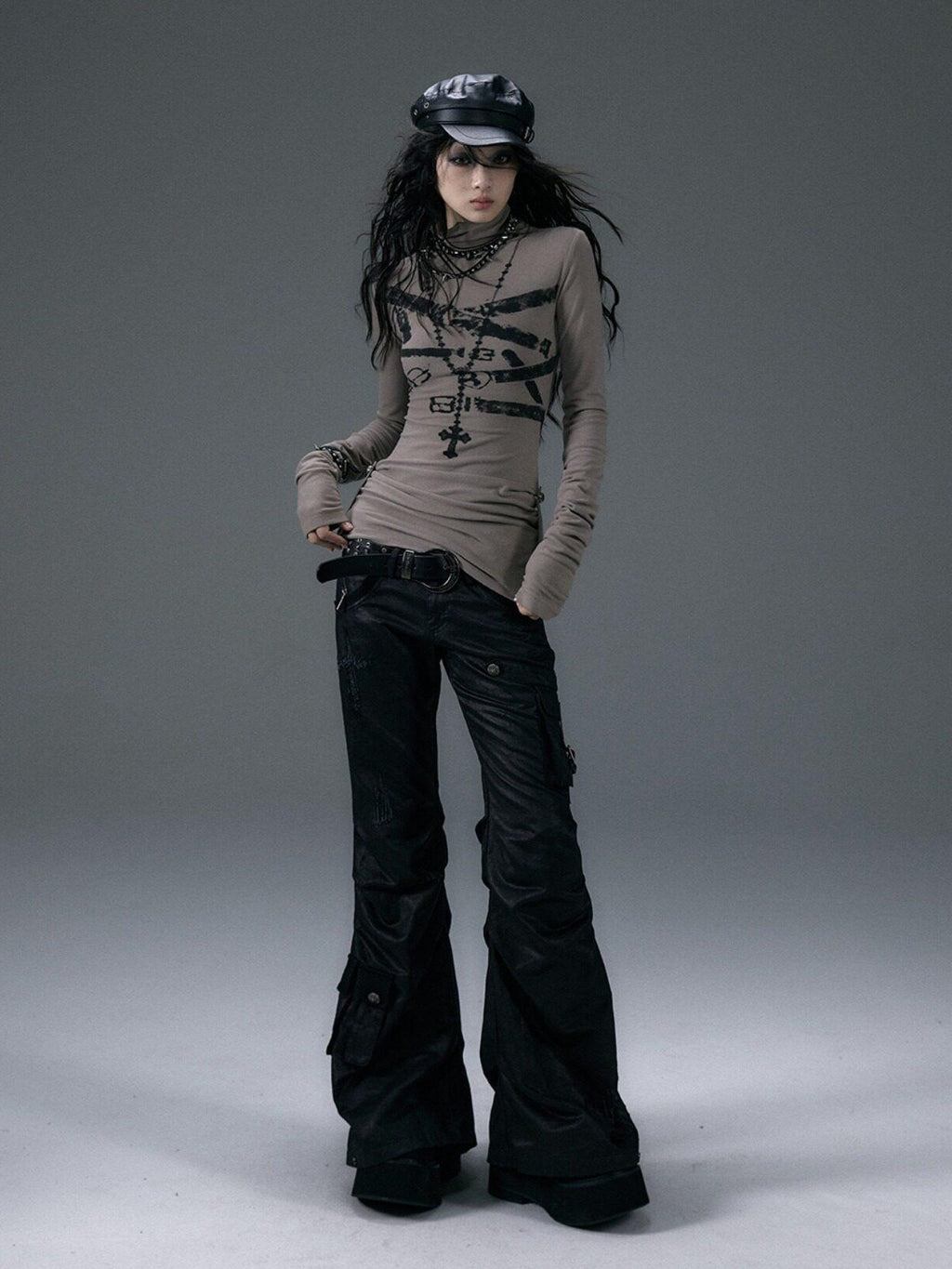 NO ROMANCE Hand Distressed Pocket Cargo Punk Low Waist Pleated Metallic Black Flare Pants