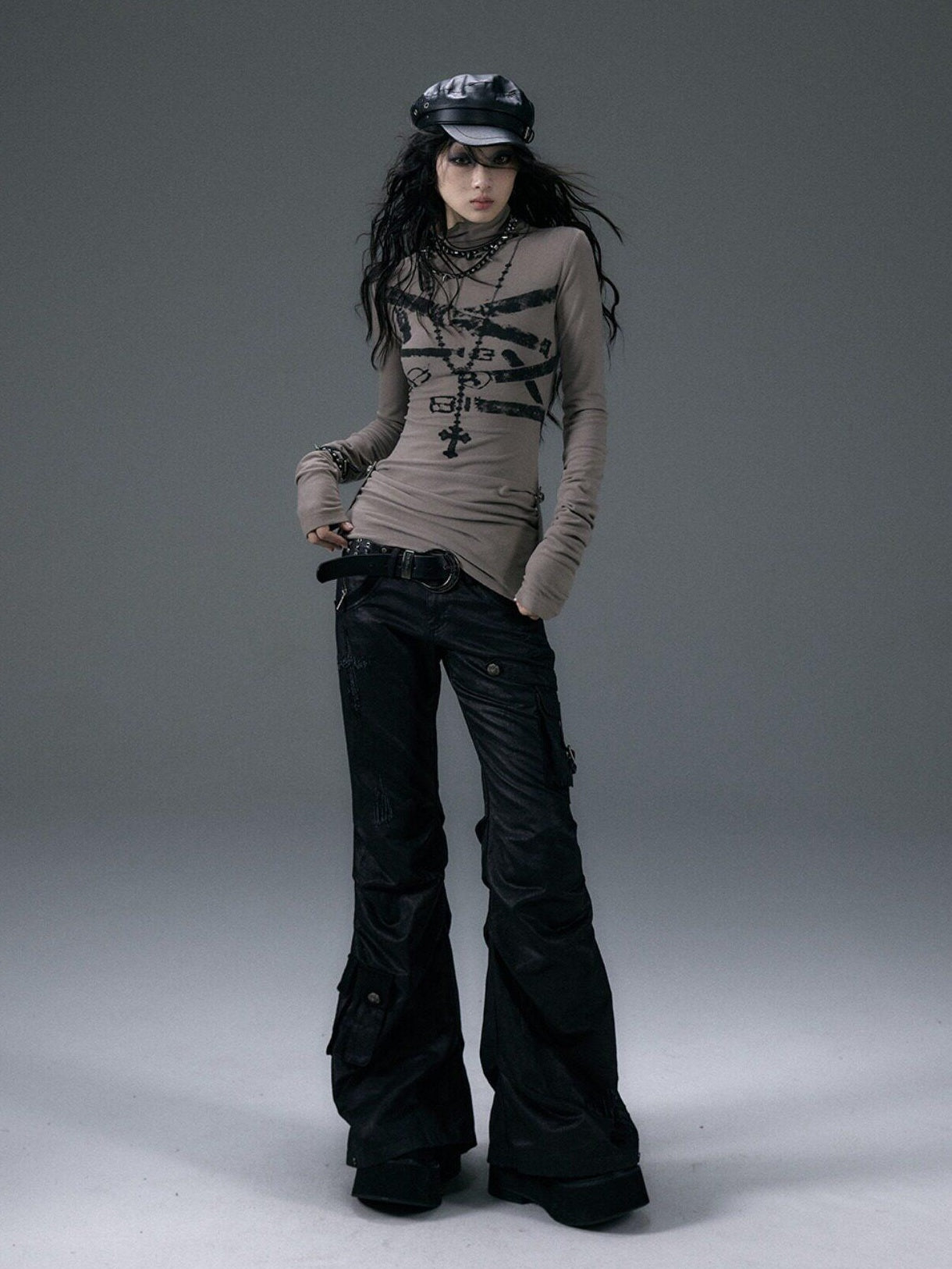 NO ROMANCE Hand Distressed Pocket Cargo Punk Low Waist Pleated Metallic Black Flare Pants