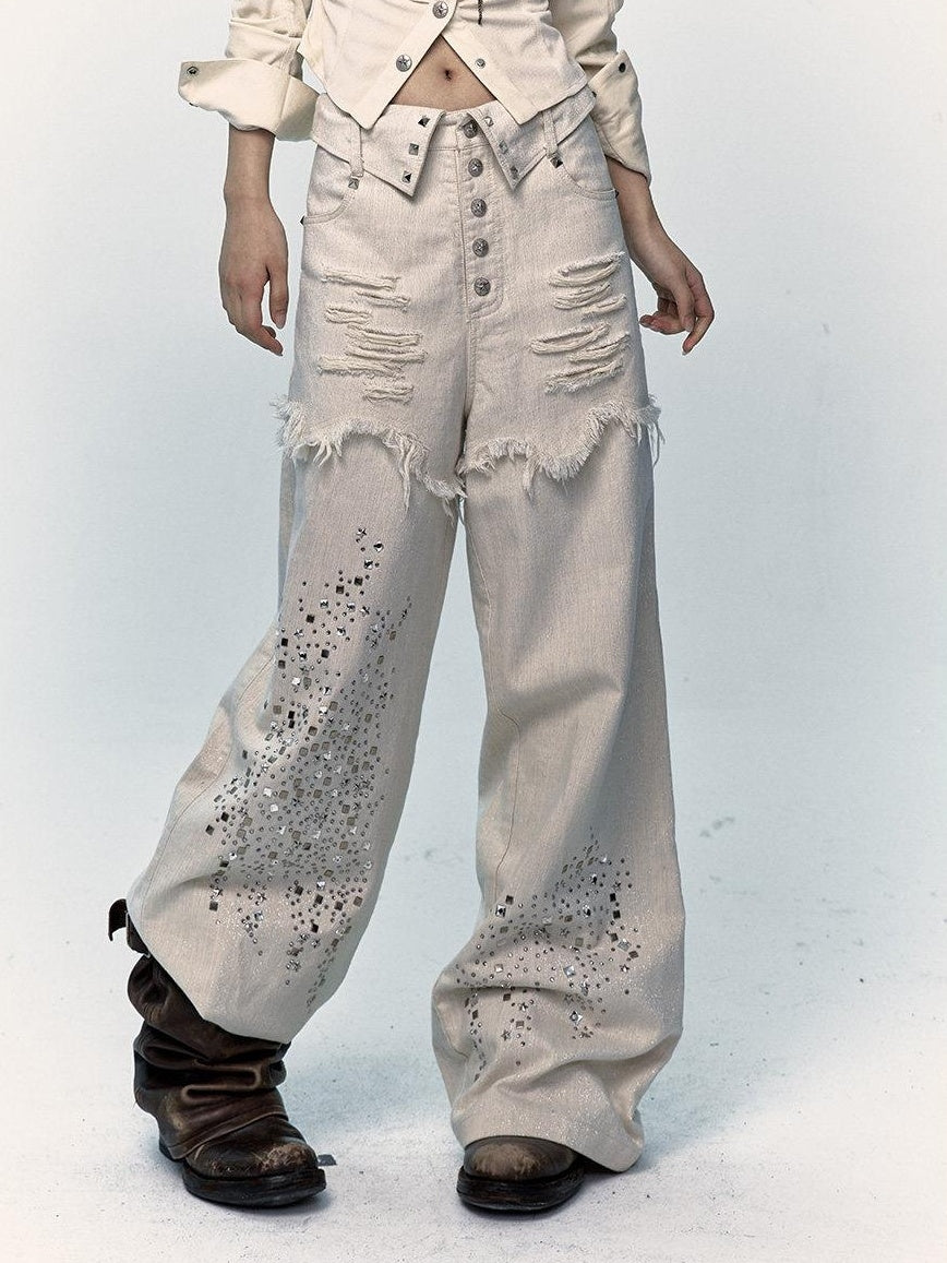 NO ROMANCE High Waist Washed Loose Fit Pockets Beige Girls Cotton Blend Wide-Leg Jeans