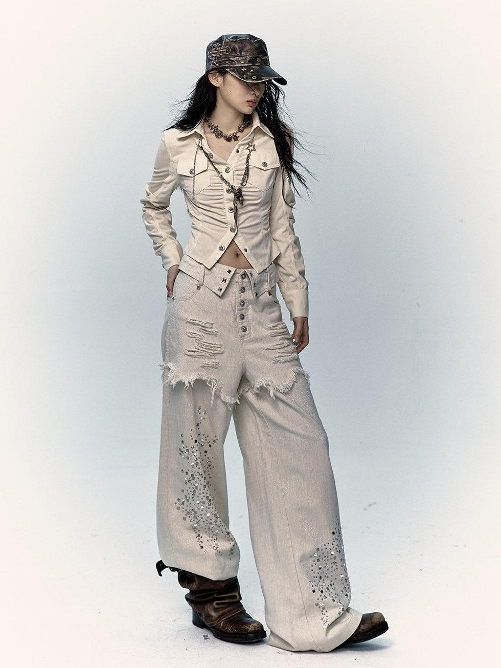 NO ROMANCE High Waist Washed Loose Fit Pockets Beige Girls Cotton Blend Wide-Leg Jeans