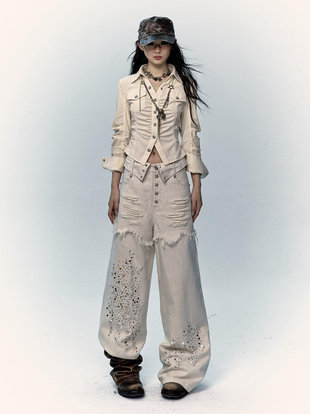 NO ROMANCE High Waist Washed Loose Fit Pockets Beige Girls Cotton Blend Wide-Leg Jeans