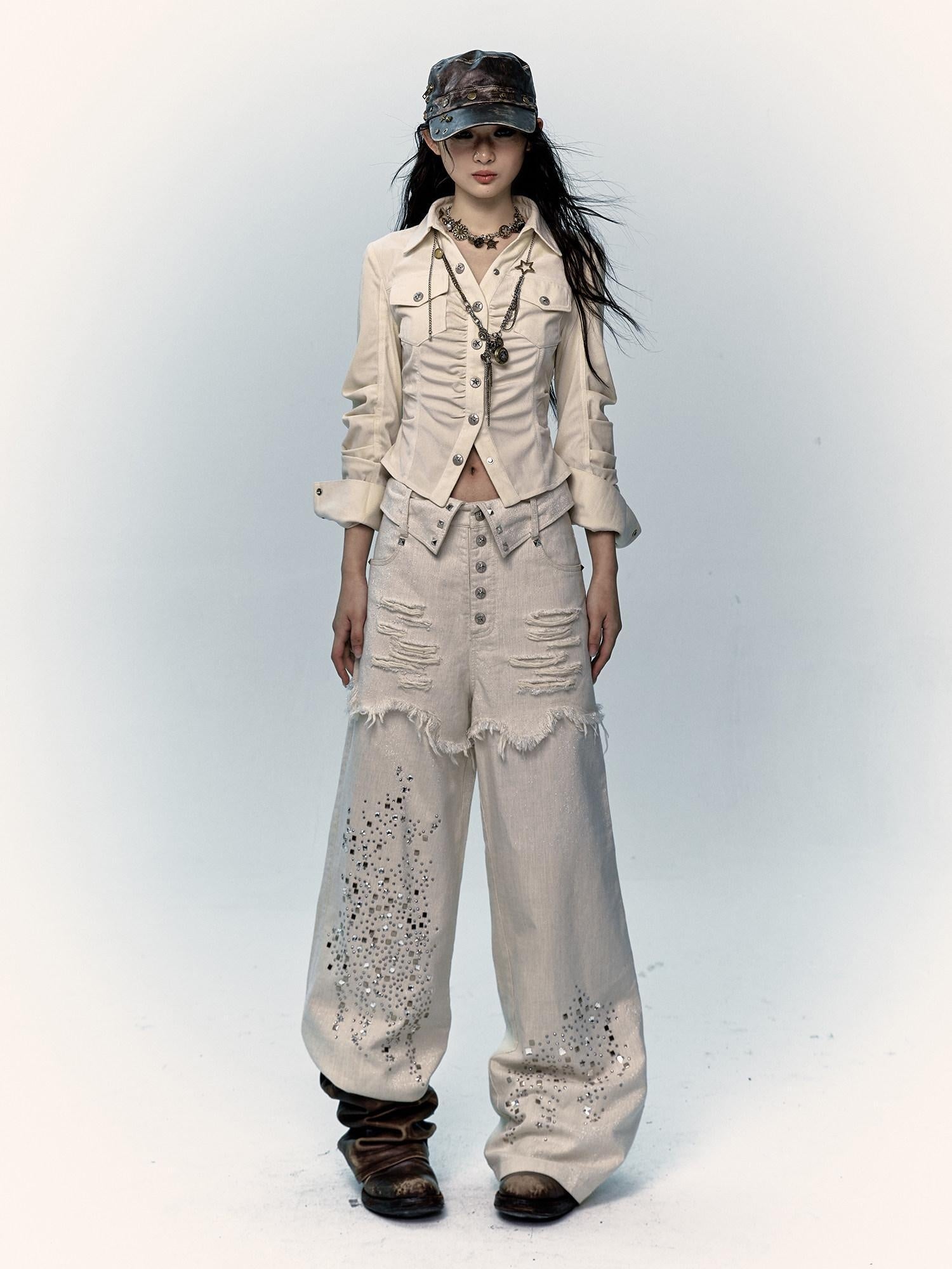 NO ROMANCE High Waist Washed Loose Fit Pockets Beige Girls Cotton Blend Wide-Leg Jeans