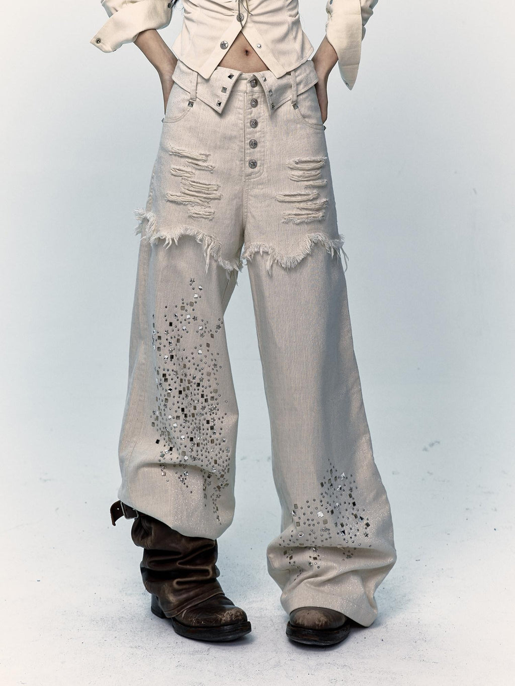 NO ROMANCE High Waist Washed Loose Fit Pockets Beige Girls Cotton Blend Wide-Leg Jeans