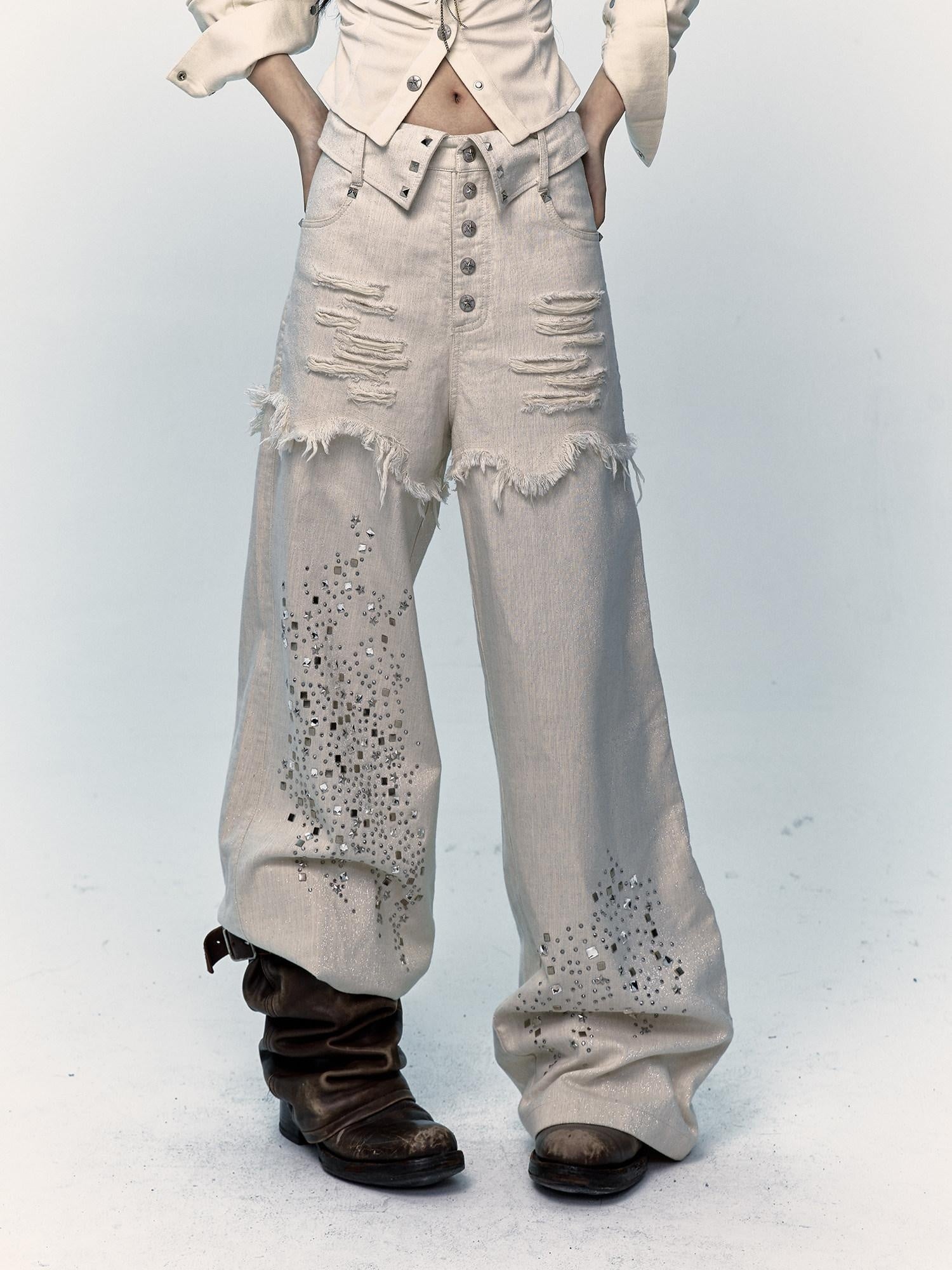 NO ROMANCE High Waist Washed Loose Fit Pockets Beige Girls Cotton Blend Wide-Leg Jeans